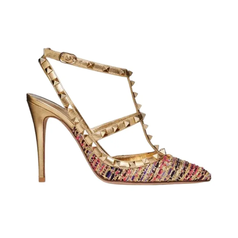 Valentino Rockstud Slim Heel High Heels 10cm Women's Gold-1