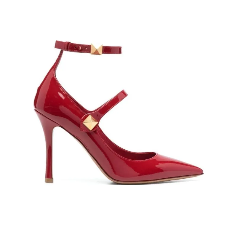 Valentino Rockstud Slim Heel High Heels Women's Red-1