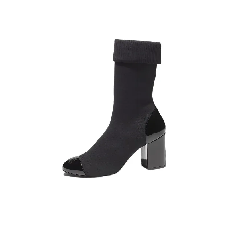 CHANEL Cc 80mm Ankle Boots Black Patent Knit Women's-0