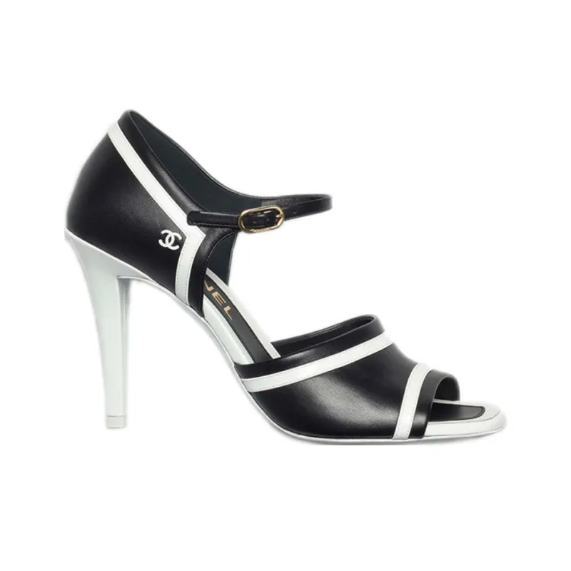 CHANEL Cone Heel High Heels 9.5cm Women's Black White-1