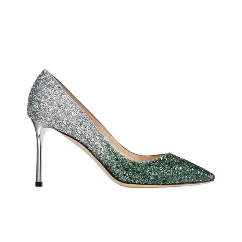 Jimmy Choo ROMY 85 Slim Heel High Heels Women's Silver Green-1