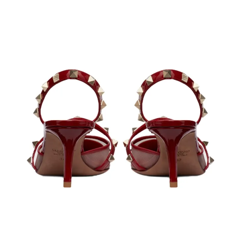 Valentino Rockstud Slim Heel High Heels Women's Red-4