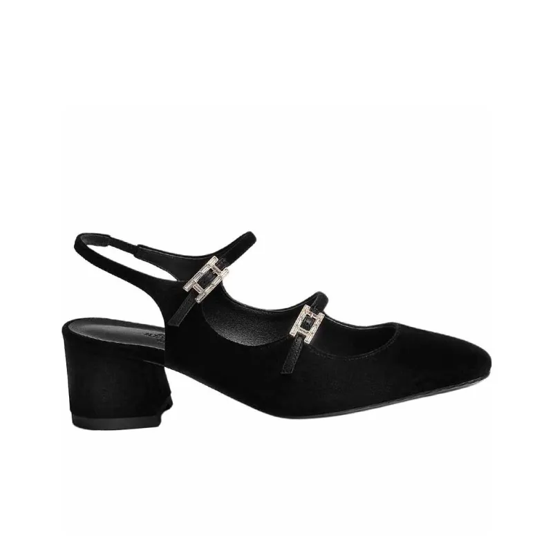 HERMES Jackie Chunky Heel High Heels 5cm Women's Black-1