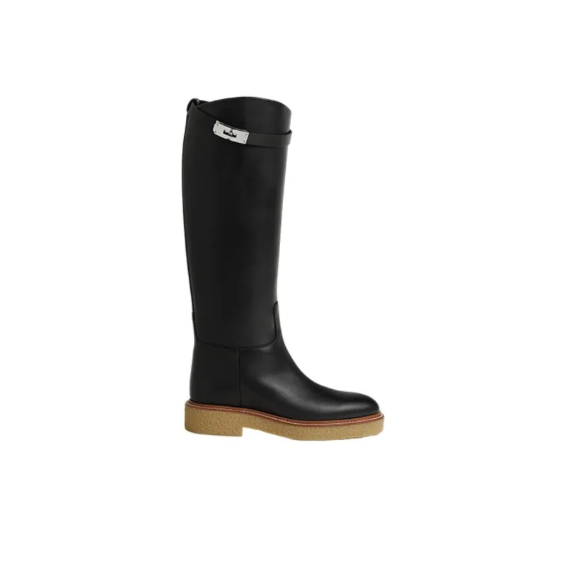 HERMES Honey Knee-high Boots Women's Black-1