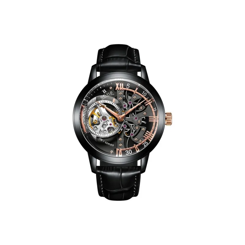 OBLVLO Automatic Mechanical Movement Genuine Leather Strap Watch Men's Watches Black Dial-2