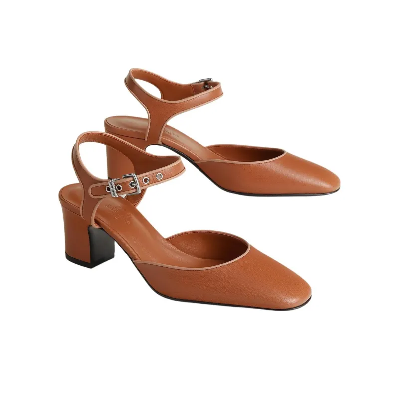 HERMES Kamilla Chunky Heel High Heels 6cm Women's Brown-1