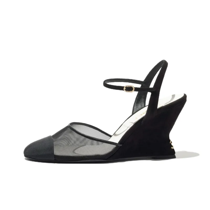 CHANEL Wedge Heel High Heels 8.5cm Women's Black-0