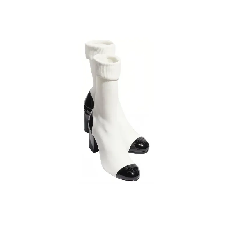CHANEL Cc 80mm Ankle Boots White Black Knit Women's-1