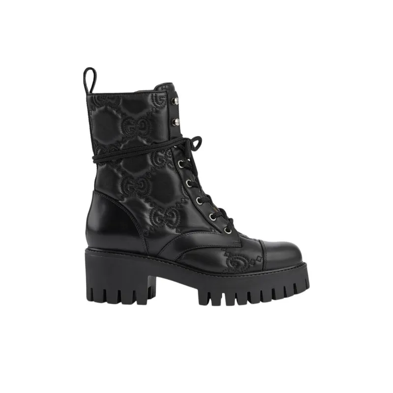 GUCCI Women's Gg Matelassé Lace Up Boot 'Black' Women's-1