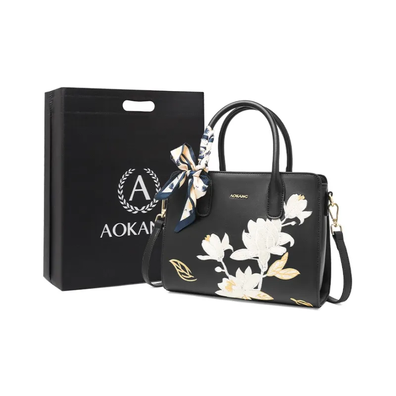 AOKANG Cow Leather Handbag, Tote, Shoulder Bag, Crossbody Bag, Small Square Bag Regular Women's Ecru/Classic Black-4