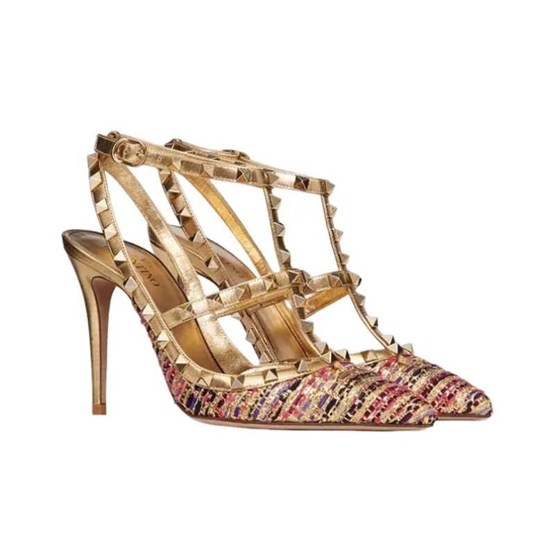 Valentino Rockstud Slim Heel High Heels 10cm Women's Gold-2