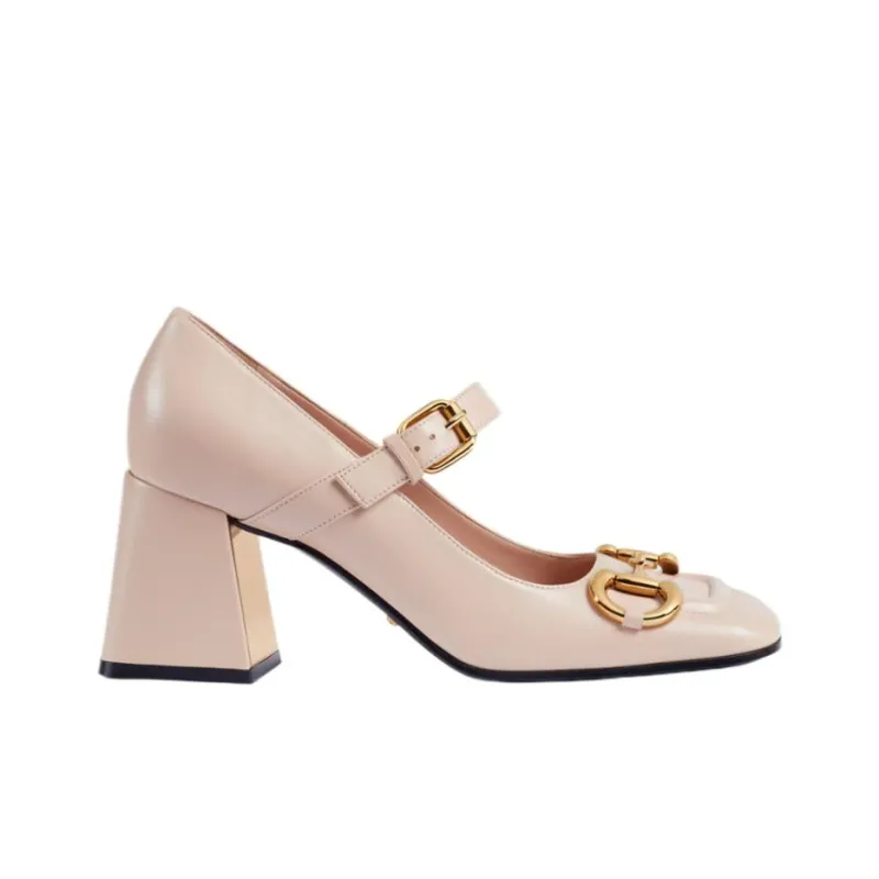 GUCCI Horsebit Strap 75mm Pump Light Pink Leather-1