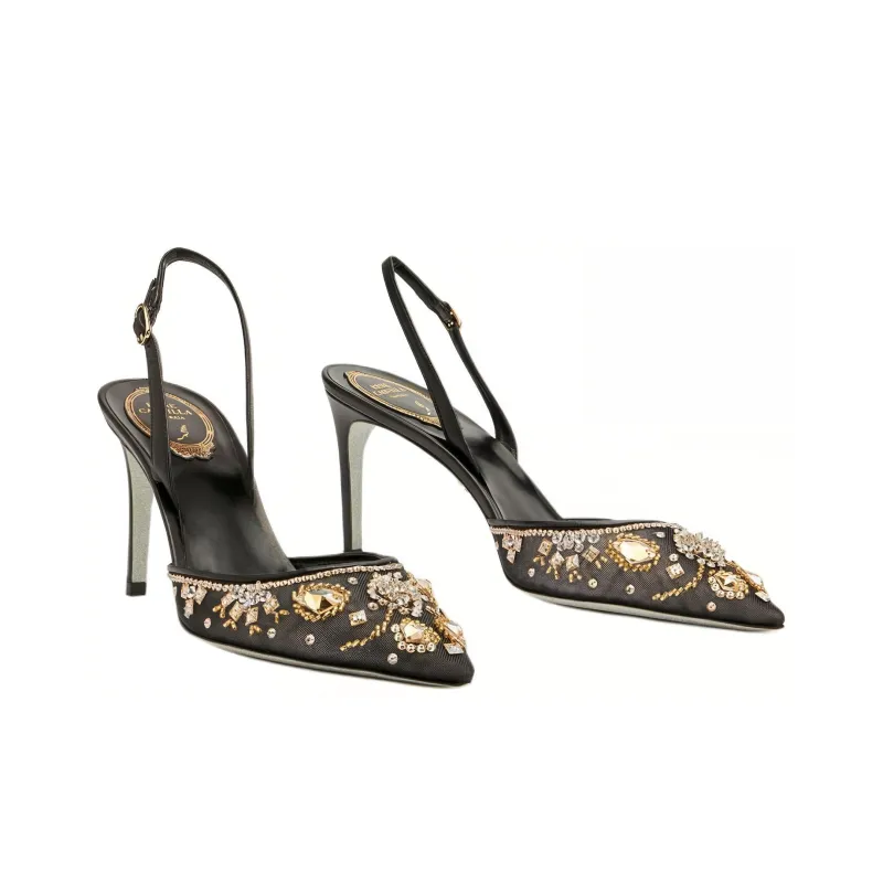 RENE CAOVILLA Aretha Slim Heel High Heels 8cm Women's Black Gold-2