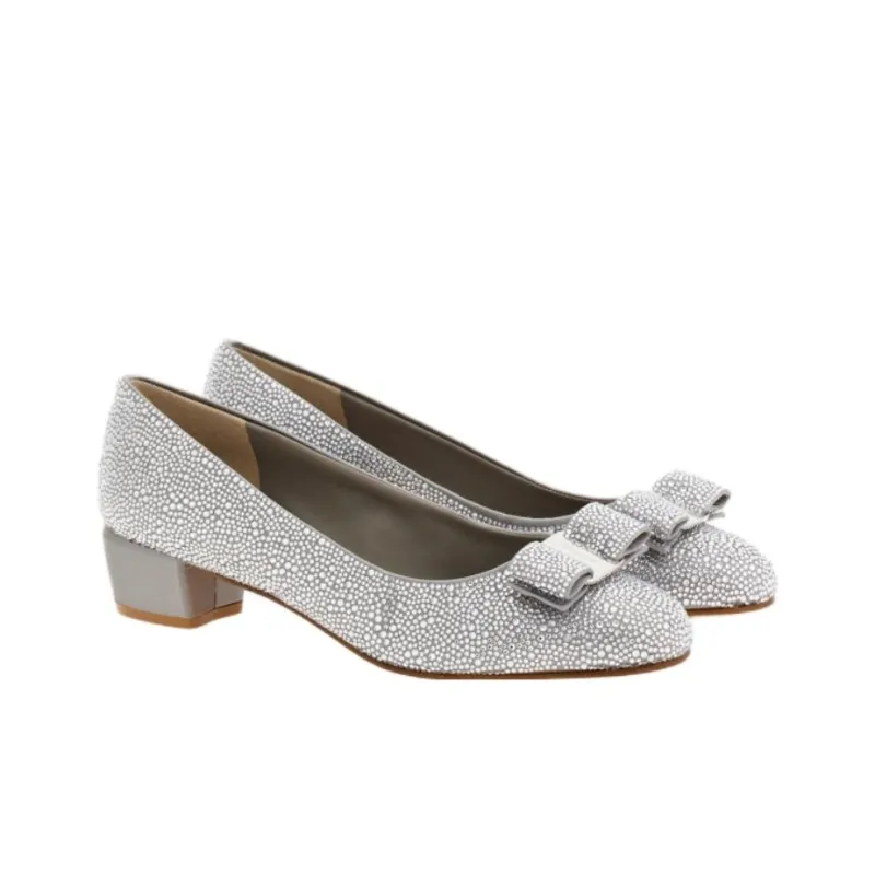 FERRAGAMO Vara Chunky Heel High Heels 3cm Women's Silver-2