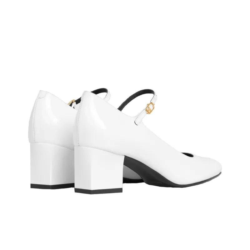 CELINE Babies Mary Jane Block Heel High Heels 5.5cm Women's White-3