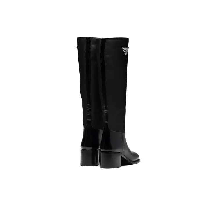 PRADA Black Brushed Leather And Re nylon Knee Boots 'Black' Women's-4
