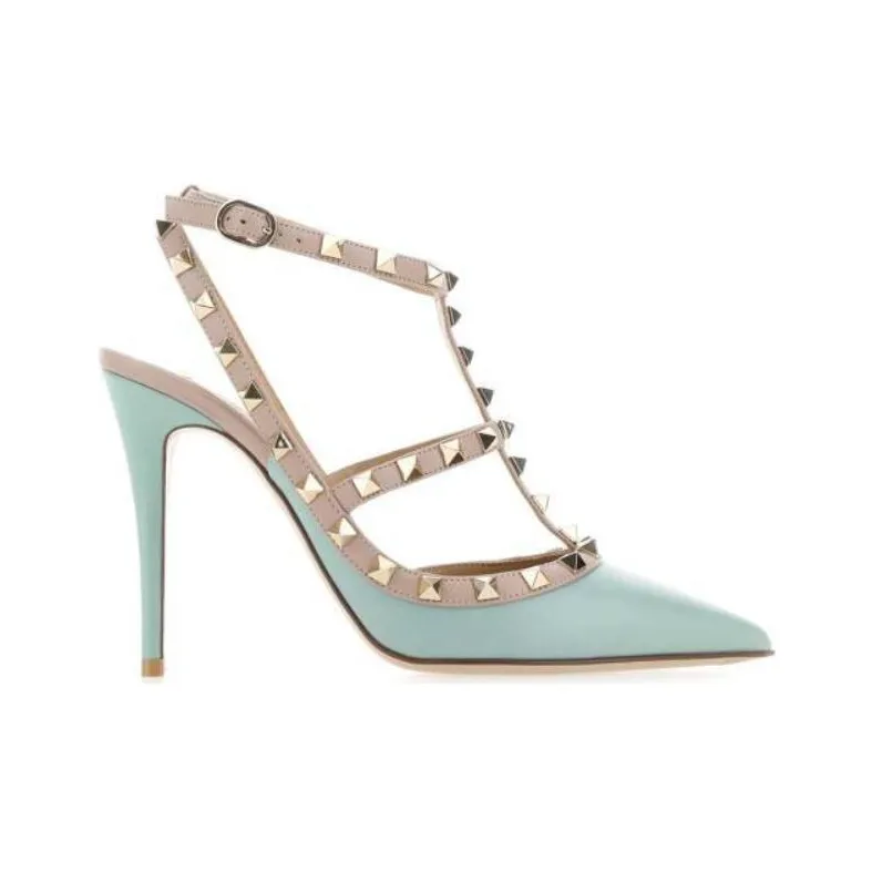 Valentino Rockstud Slim Heel High Heels Women's Green-1