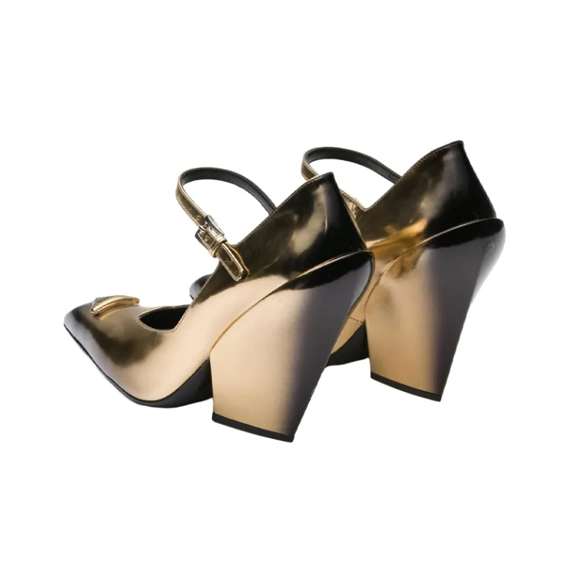 PRADA Chunky Heel High Heels Women's Gold-4