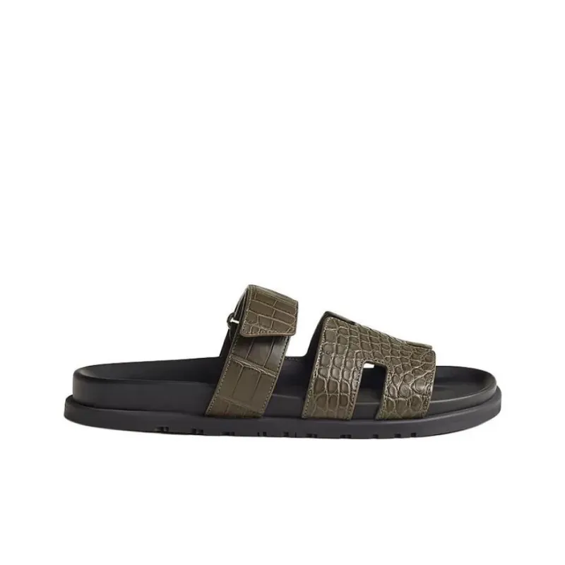 HERMES Chypre Slide Slippers Men's Green-1
