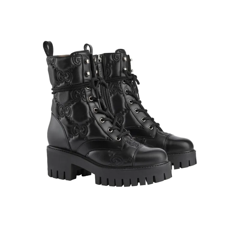 GUCCI Women's Gg Matelassé Lace Up Boot 'Black' Women's-2
