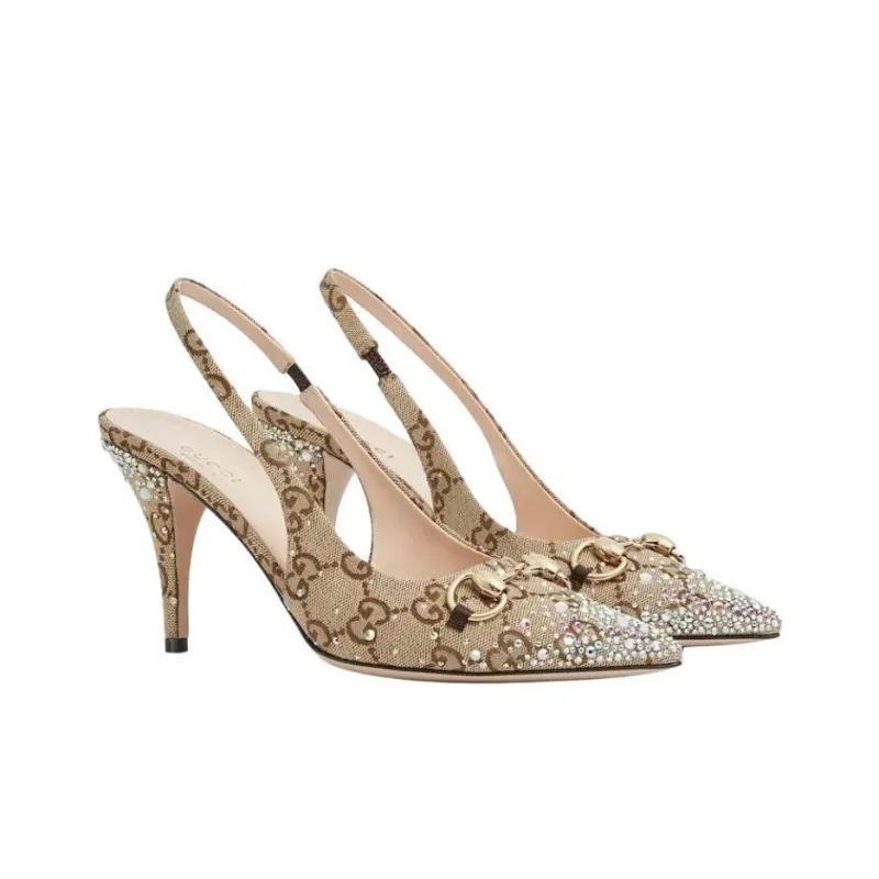 GUCCI Horsebit Slim Heel High Heels 8.5cm Women's Beige Brown-1