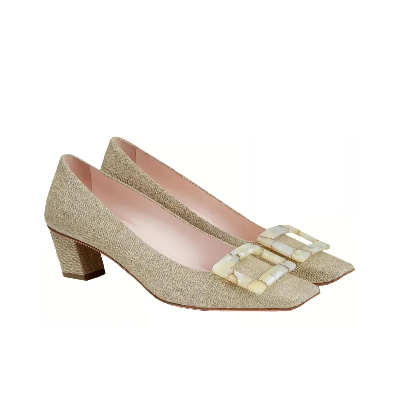 Roger Vivier Belle Vivier Motherpearl Buckle Chunky Heel High Heels 4.5cm Women's Beige-2
