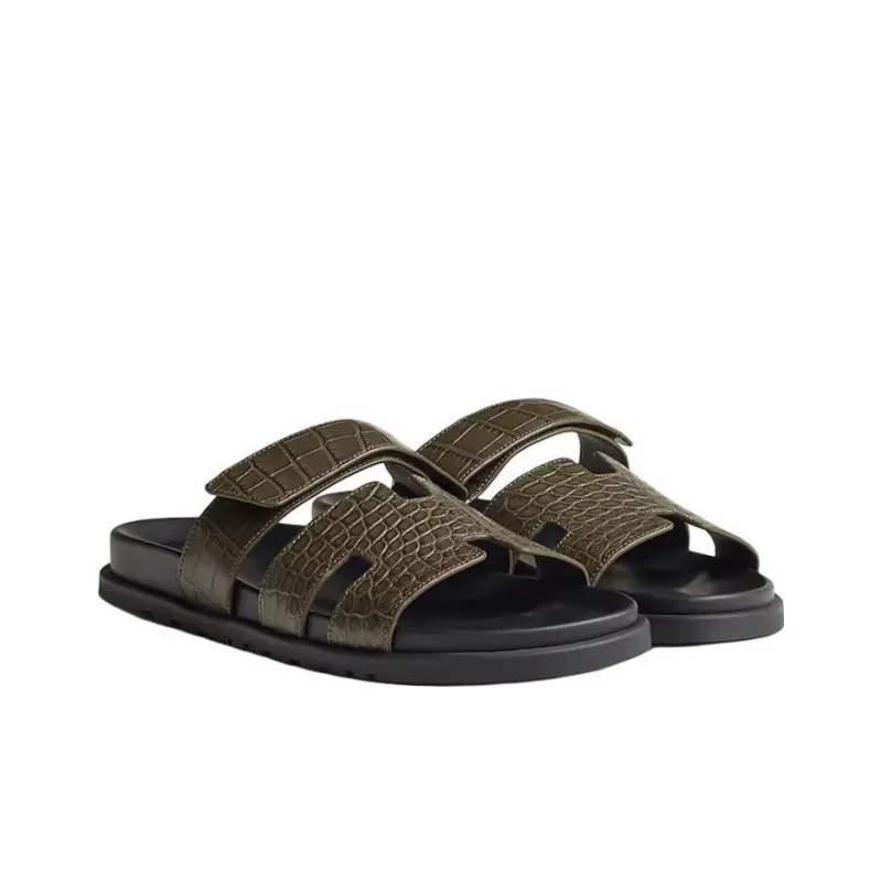 HERMES Chypre Slide Slippers Men's Green-2