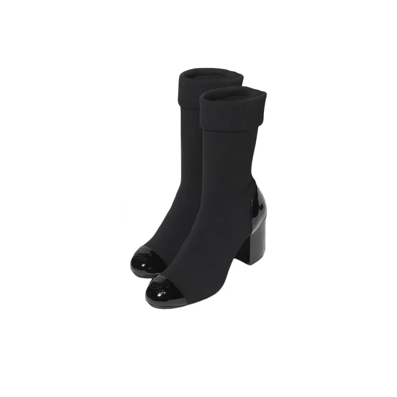 CHANEL Cc 80mm Ankle Boots Black Patent Knit Women's-1