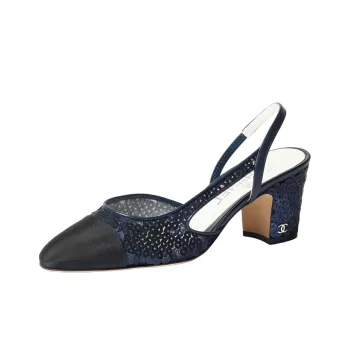 CHANEL Glitter Muslin 65mm Slingbacks Navy Grosgrain Women's