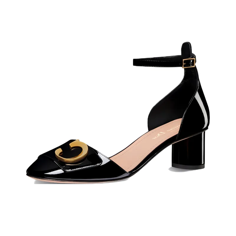 DIOR C'est Dior Chunky Heel High Heels 5cm Women's Black Gold-2