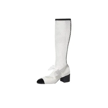 CHANEL Resille 55mm Knee High Mary Janes White Black Patent Calfskin Women's