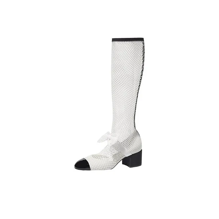 CHANEL Resille 55mm Knee High Mary Janes White Black Patent Calfskin Women's-0