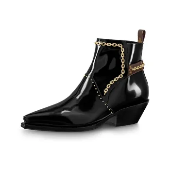 LOUIS VUITTON Matador Ankle Boots 'Black With Gold Chain And Monogram Straps' Women's