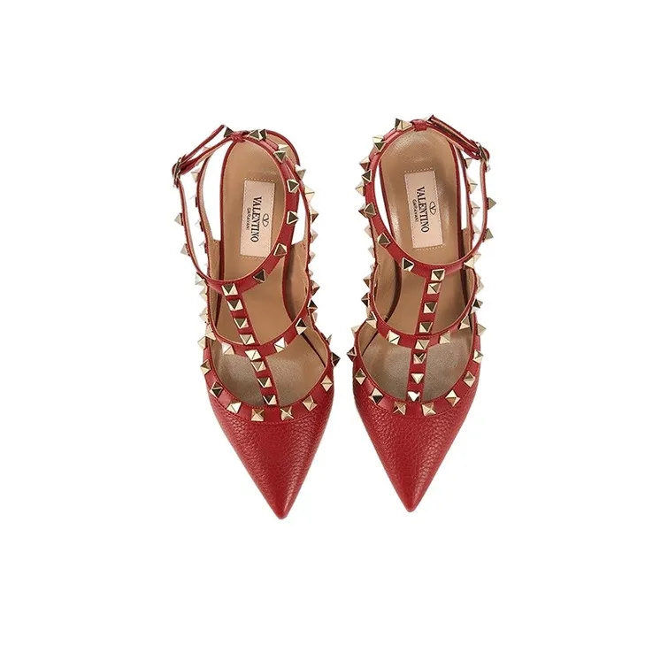 Valentino Rockstud Slim Heel Roman Sandals Women's Red-3