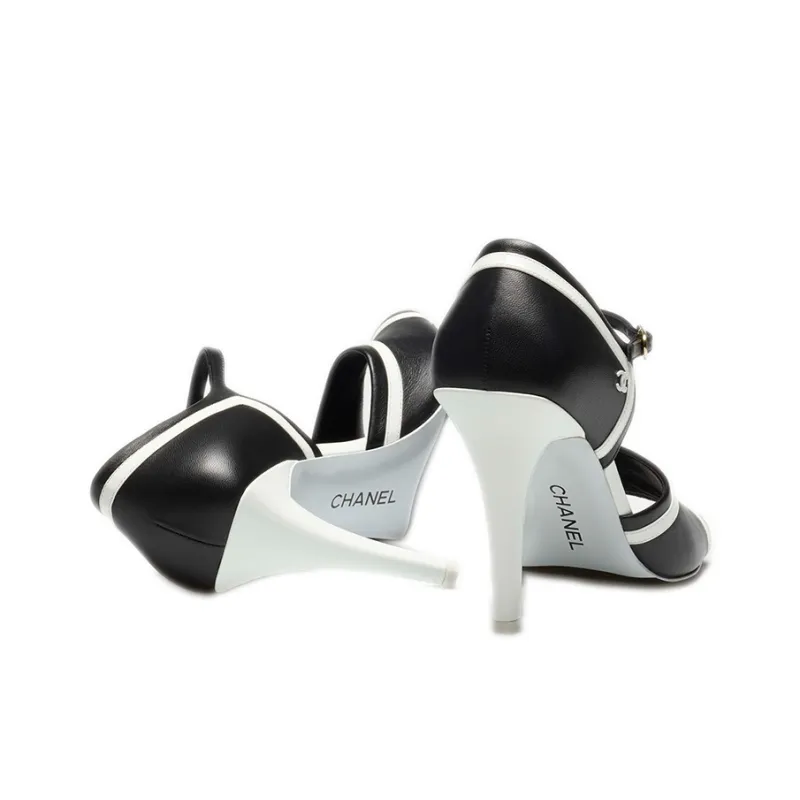 CHANEL Cone Heel High Heels 9.5cm Women's Black White-4