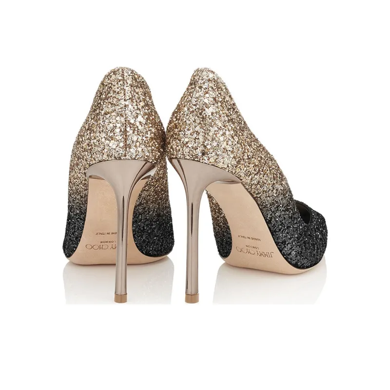 Jimmy Choo ROMY Slim Heel High Heels 10cm Women's Black Gold-2