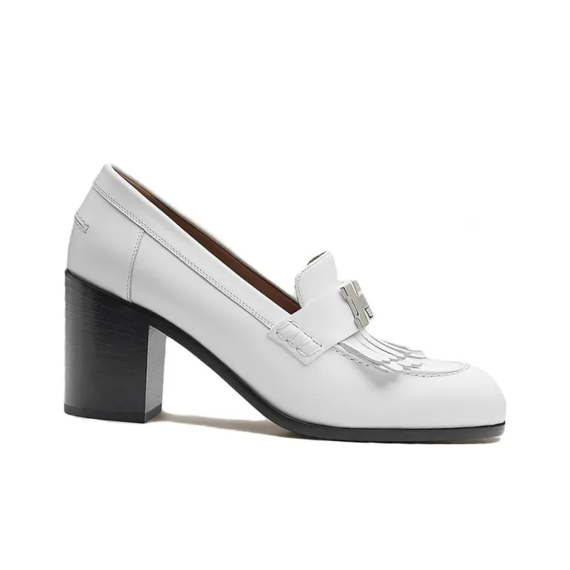 HERMES Elysee Block Heel High Heels Women's White-1
