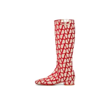 Valentino Toile Iconographe Calfskin V'logo High Knee High Boots Beige Red Women's