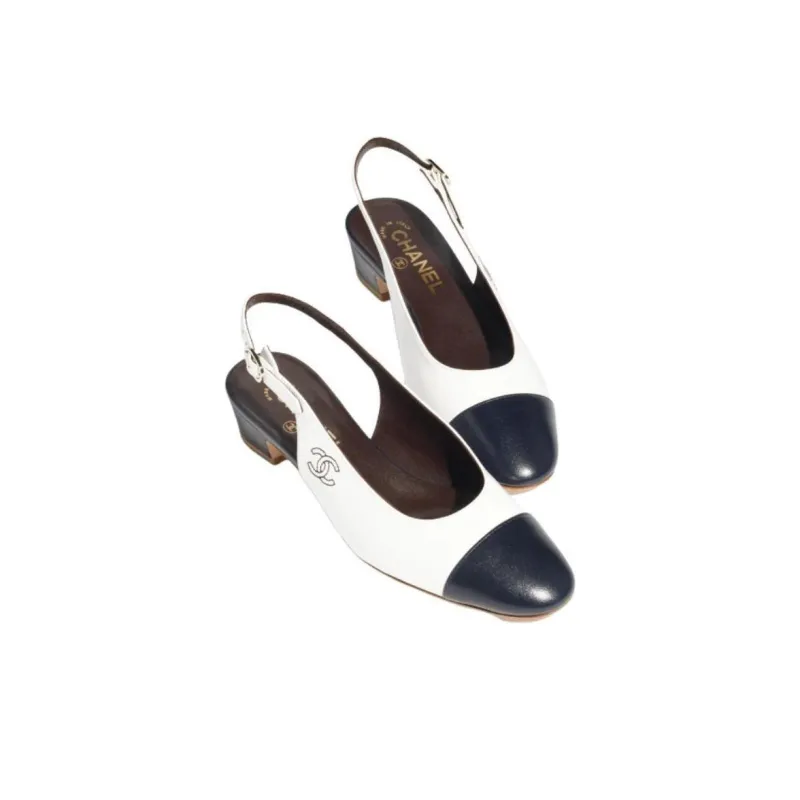 CHANEL Chunky Heel High Heels 3cm Women's Blue White-2