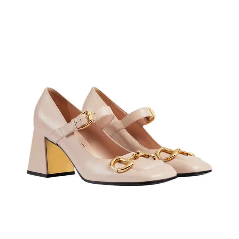 GUCCI Horsebit Strap 75mm Pump Light Pink Leather-2