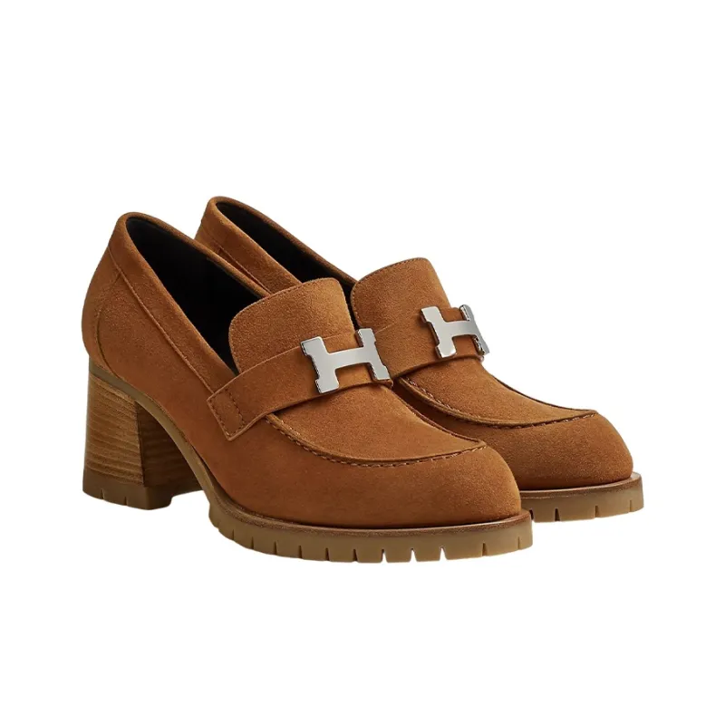HERMES Chunky Heel High Heels 6cm Women's Brown-2