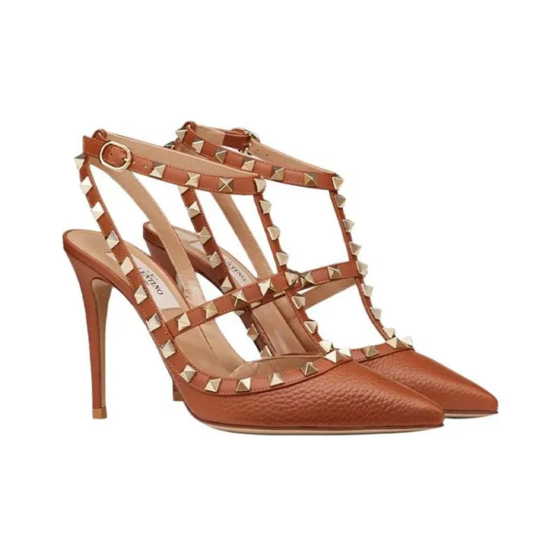 Valentino Rockstud Slim Heel High Heel Sandal 11cm Women's Brown-2