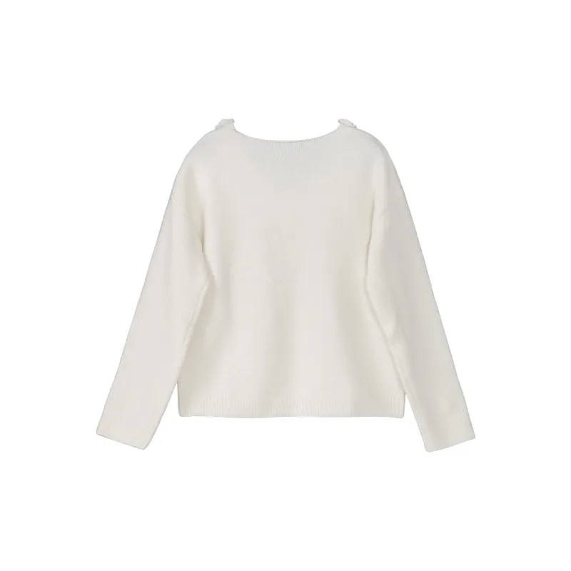 Fstudio Korean Style Laid Back Solid Color Commute Floral Base Sweater Inner Layer Women's White-1