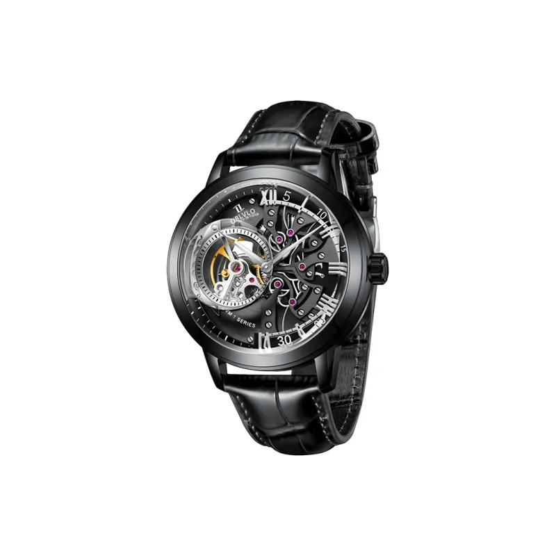 OBLVLO Automatic Mechanical Movement Genuine Leather Strap Watch Men's Watches Black Dial-38