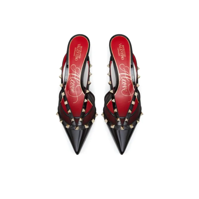 Valentino Rockstud GARAVANI Slim Heel Closed Toe Slippers 6cm Women's Black Red-3