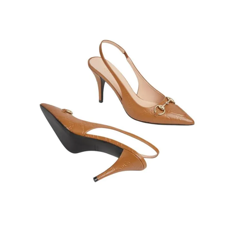 GUCCI Horsebit Slim Heel High Heels 8.5cm Women's Light Brown-3