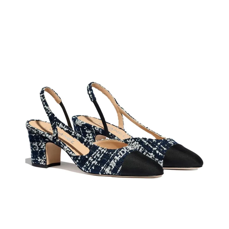 CHANEL Block Heel High Heels Women's Marine Blue-2