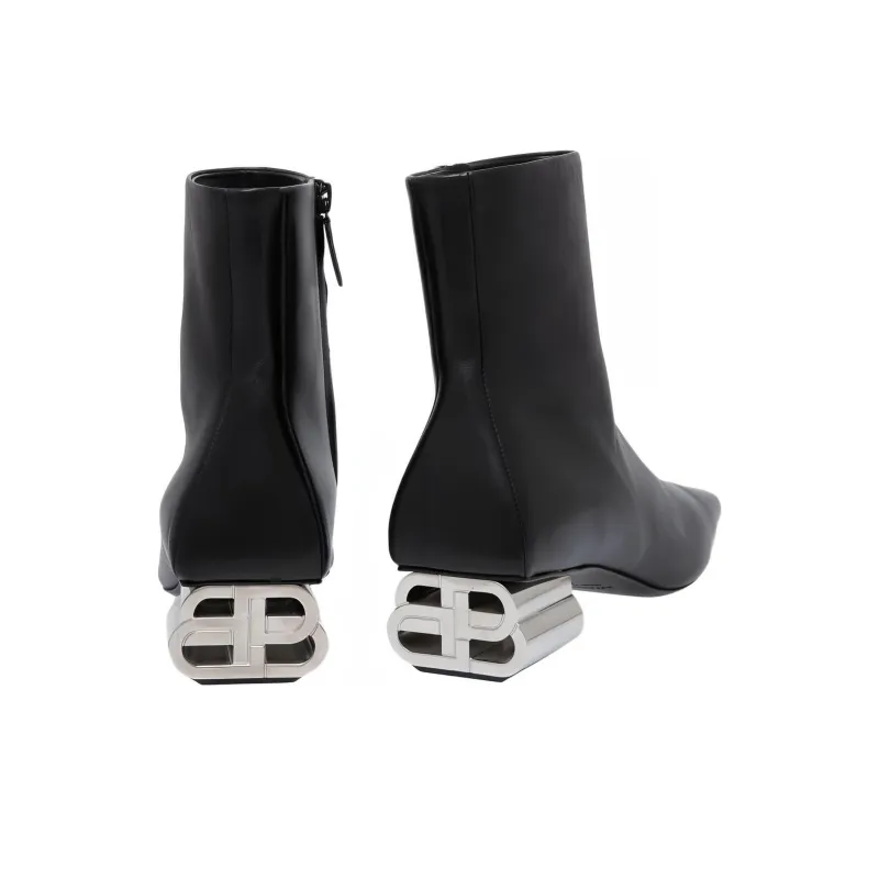 Balenciaga BB-Shaped Heel Leather Boot Black Silver Women's-3
