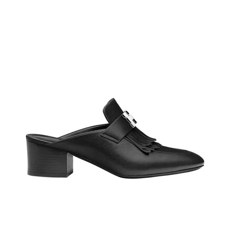 HERMES Block Heel Wrap-toe Slippers Women's Black-1