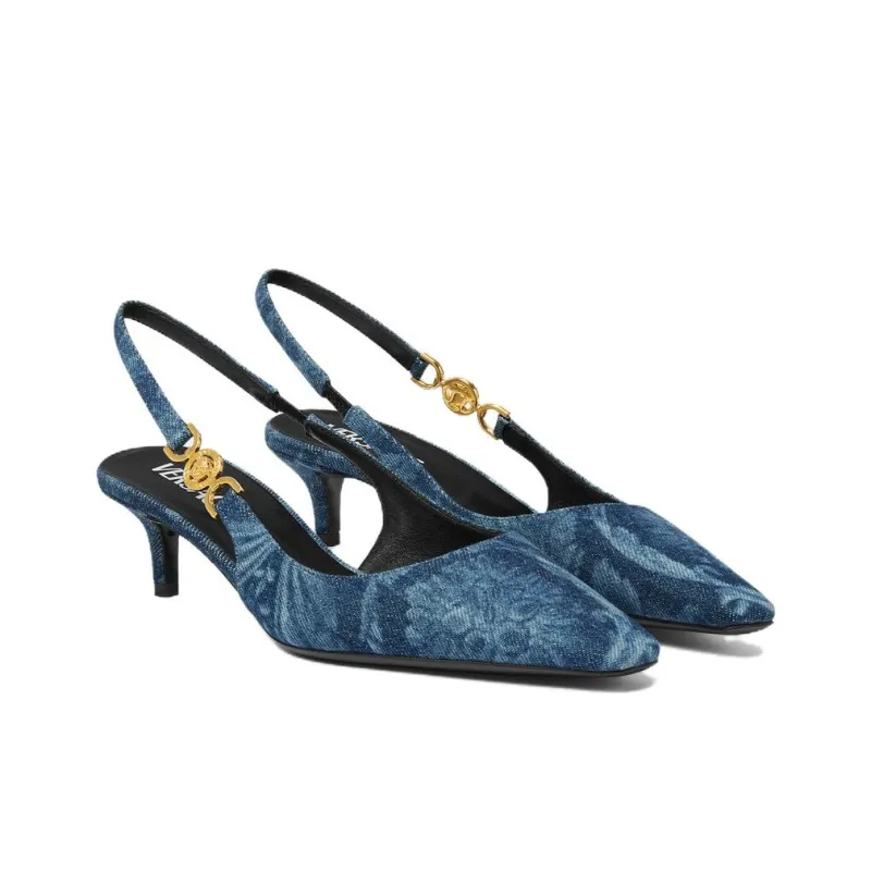 VERSACE 40mm Barocco-print Denim Pumps-1